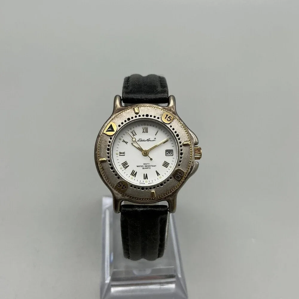 Eddie Bauer V102 Womens Watch 30mm White Dial Black Leather Date New Battery